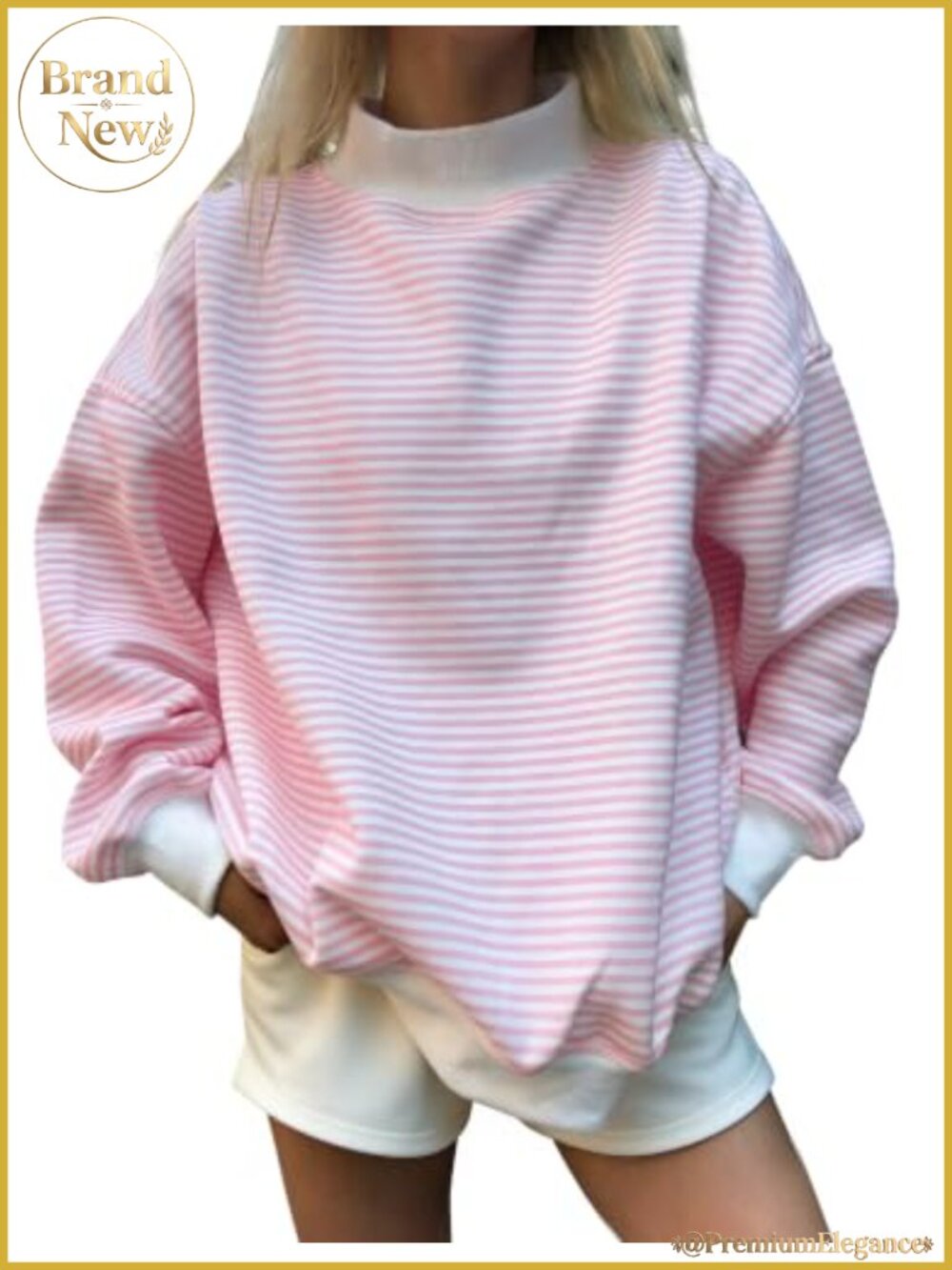 Oversized Mockneck Striped Long Sleeve Sweatshirt Pullover